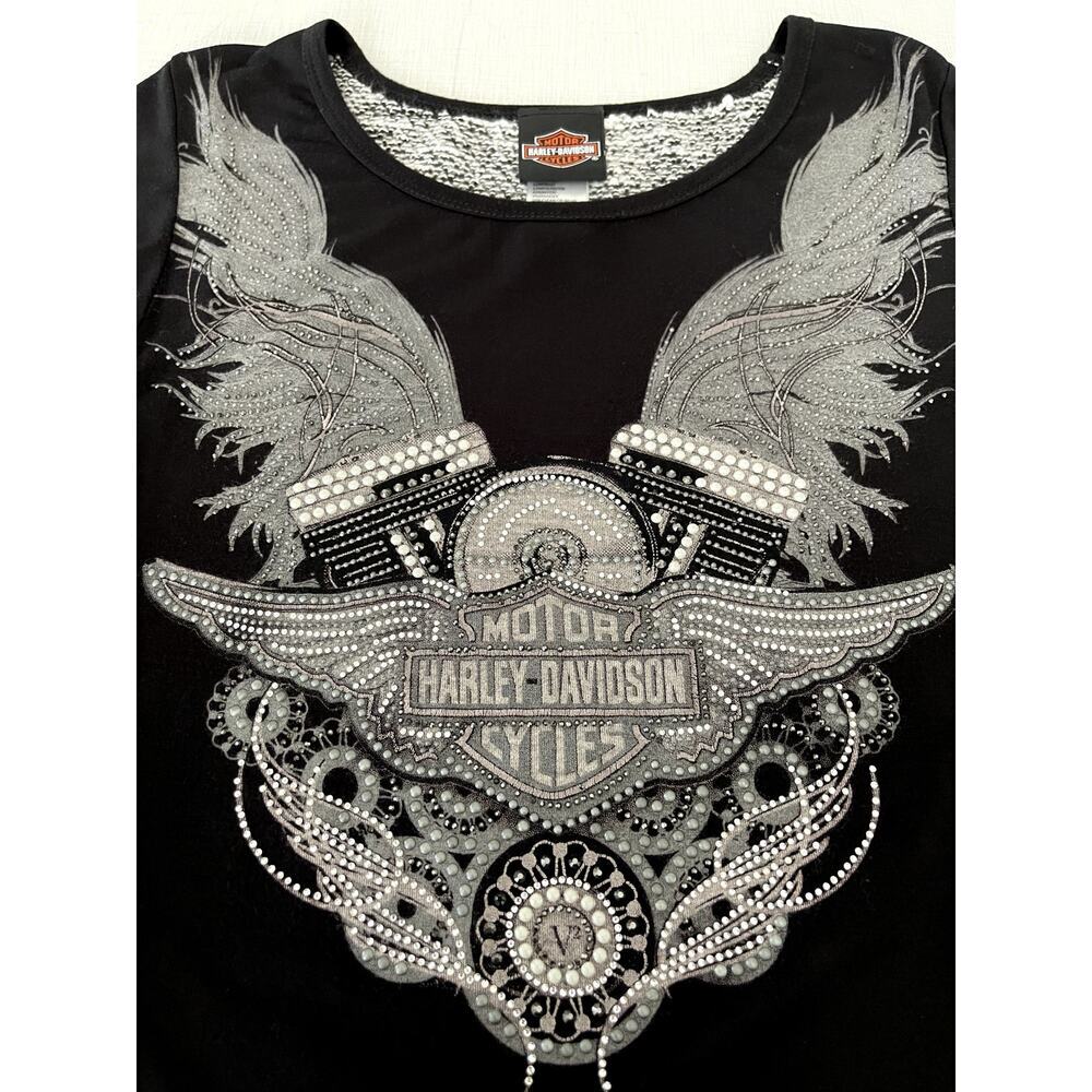 Harley Davidson Wms Sz S Rhinestone Graphic Long Slv T-Shirt Biker Rocker Street